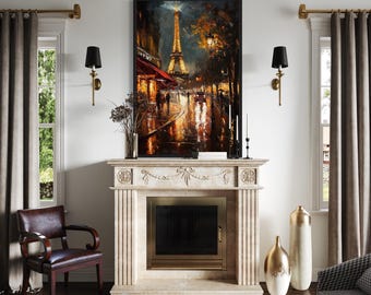 Paris Street And Eiffel Tower Wall Art, Romantic Oil Painting Style Canvas Print Framed Ready To Hang