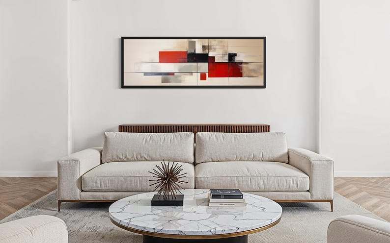 Mid Century Modern Abstract Wall Art Horizontal Canvas Print, Red Beige ...