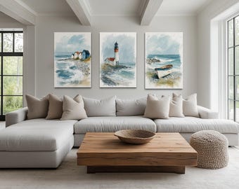3 Piece Beach House Wall Art, Coastal Wall Art,Paintings Of Lighthouse, Old Boat And Beach Huts Canvas Print Framed Ready To Hang