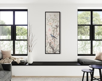Tall Narrow Vertical Chinoiserie Birds on a Branch Canvas Print – Modern Long Asian Inspired Floral Wall Art with Soft Pink Blossoms