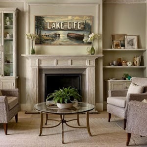 Lake House Sign, Lake Life Wall Art With Boat And Fishing Pier, Rustic Painting Canvas PRINT, Cabin Wall Art Framed Ready To Hang