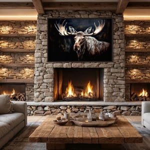 Dark Moose Wall Art, Woodland Animals \Painting Canvas PRINT, Cabin Wall Decor, Framed Ready to Hang