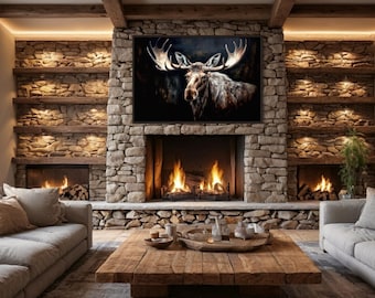 Dark Moose Wall Art, Woodland Animals \Painting Canvas PRINT, Cabin Wall Decor, Framed Ready to Hang