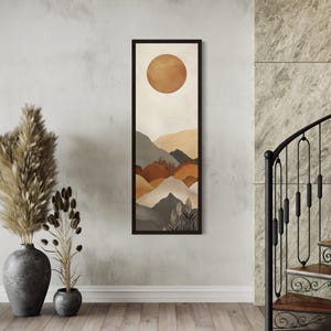 Long Narrow Vertical Wall Art - Boho Minimalist Mountain Landscape Painting Earth Tones Canvas Print Tall Artwork Ready To Hang