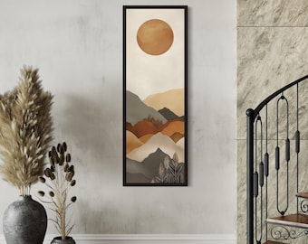 Long Narrow Vertical Wall Art - Boho Minimalist Mountain Landscape Painting Earth Tones Canvas Print Tall Artwork Ready To Hang