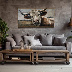 Curious Cow Wall Art, Cow On The Farm Painting Canvas PRINT, Farmhouse Chic Rustic Living Room Wall Art - Framed Ready To Hang