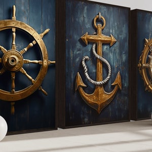 Nautical Wall Art Set of Three Maritime Prints - Navy Blue Gold Coastal