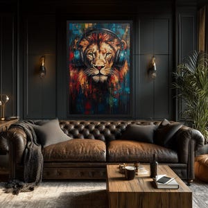 Lion DJ Wall Art With Headphones – Bold Colorful Lion Painting for Music Room Decor or Man Cave Framed Canvas Print Ready To Hang