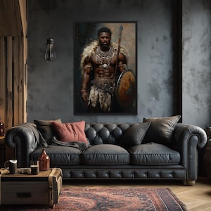 African Tribal Warrior Wall Art – Powerful Warrior Canvas Print With Shield and Spear, Masculine Statement Artwork for Man Cave Décor imagen 1