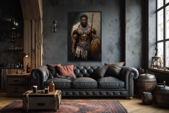 African Tribal Warrior Wall Art – Powerful Warrior Canvas Print With Shield and Spear, Masculine Statement Artwork for Man Cave Décor