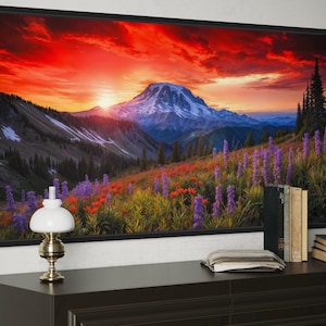 Mount Rainier Wildflowers Sunset Photo Style Painting Canvas PRINT, Washington Landscape Wall Art, Framed Unframed Ready To Hang
