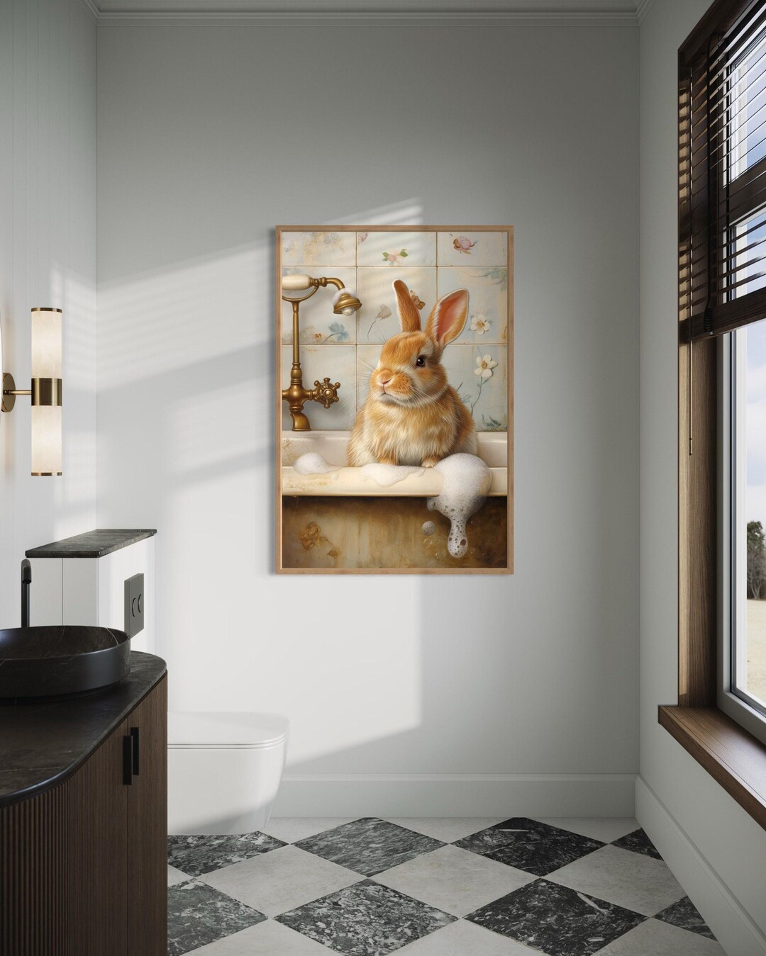 Deviantart Rabbit Bath Rabbit in the Bath Tub Painting Canvas PRINT, Bunny Bathroom Wall Art ...