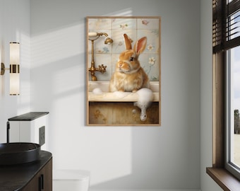 Rabbit In The Bath Tub Painting Canvas PRINT, Bunny Bathroom Wall Art, Kids Room Decor, Animals In Bathtub Framed Unframed Ready To Hang