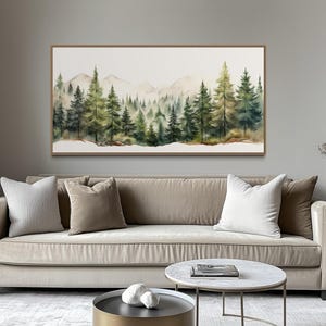 Framed Canvas Wall Art Sage Green Forest Mountain Landscape Canvas Print Minimalist Watercolor Nature Woodland Modern Art, Farmhouse Decor