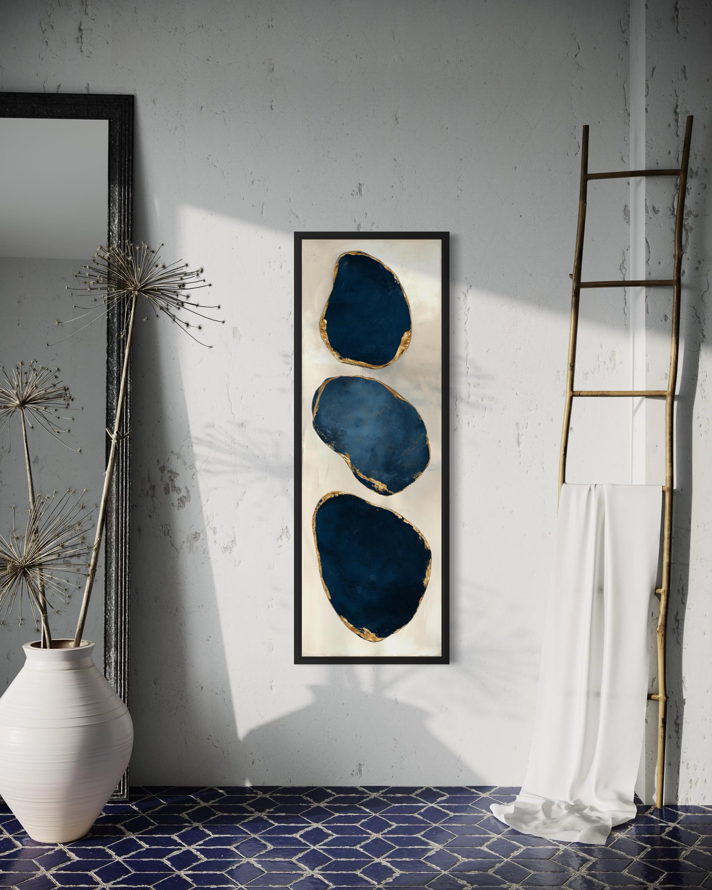 Vertical Blue and Gold Abstract Rocks Wall Art – Tall Narrow