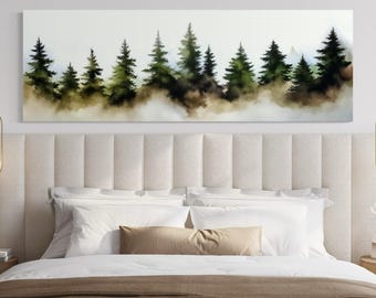 Watercolor Green Foggy Pine Tree Forest Panoramic Painting Print On Long Horizontal Canvas, Cabin Wall Decor Framed Ready To Hang