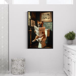 Boxer Dog On The Toilet Reading Newspaper, Funny Bathroom Art, Toilet Humor Animal Canvas Print Framed Ready To Hang