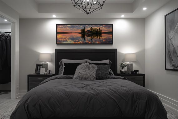 Lake Cabin Sunset Wall Art, Long Horizontal Landscape Canvas Print, Rustic Lake House Painting For Bedroom Or Above Bed Framed Ready To Hang
