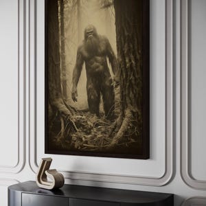 a large black and white photograph of a Sasquatch, a mythical creature, standing in a forest setting.