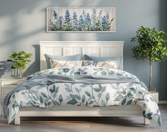 Long Horizontal Above Bed Wall Art Panoramic Blue Wildflowers Painting On White Wood Canvas PRINT, Boho Botanical Long Horizontal Wall Decor
