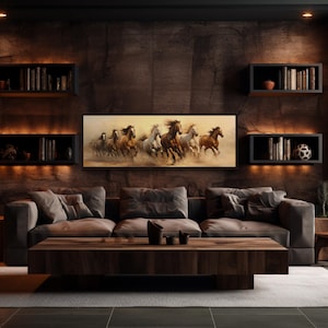 Herd of Wild Horses Running Panoramic Painting Long Horizontal Canvas Print - Horses Artwork Wall Decor Framed Ready To Hang