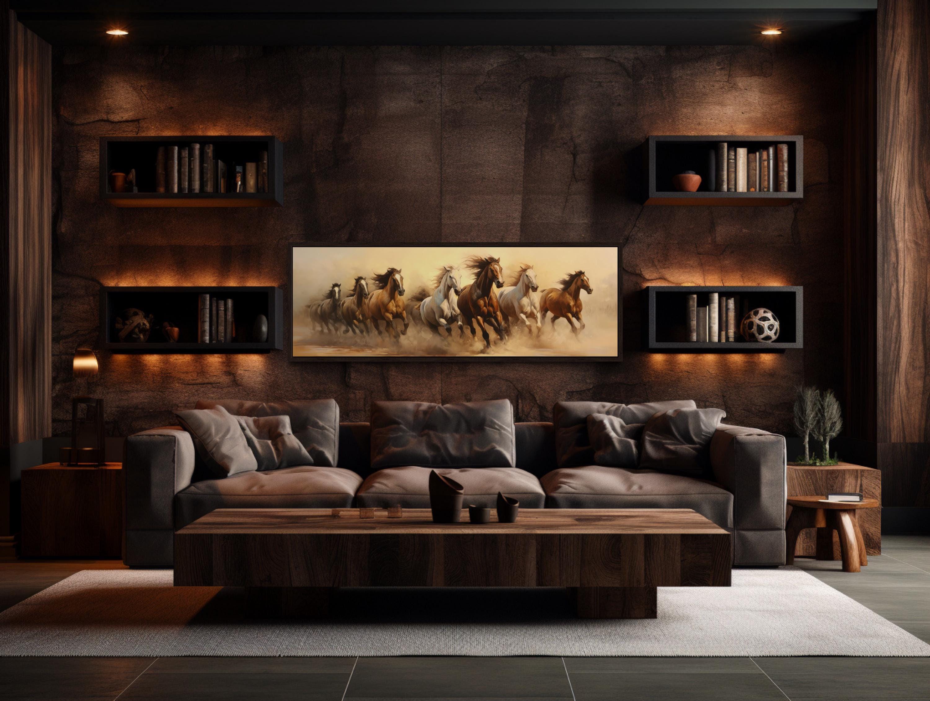 Herd of Wild Horses Running Panoramic Painting Long Horizontal Canvas Print - Horses Artwork Wall Decor Framed Ready To Hang