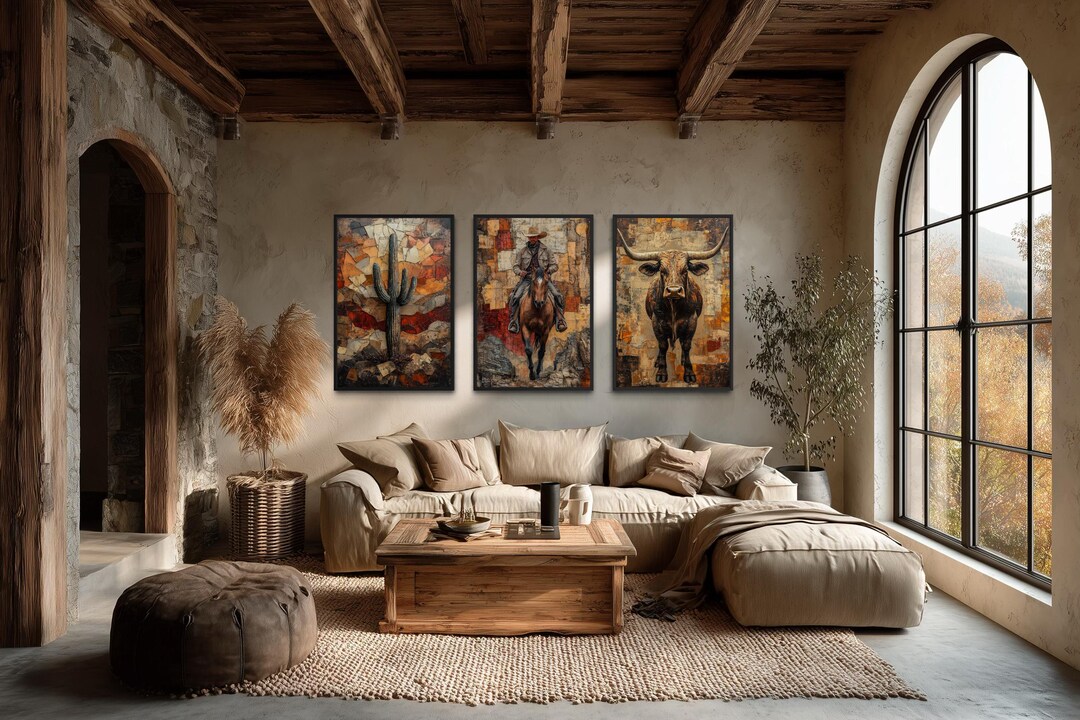 Western Wall Art Set of 3, Cowboy Horse Cactus Longhorn Bull Canvas ...