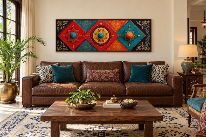 Puede incluir: Una pieza de arte mural rectangular con tres paneles en forma de diamante en colores rojo, naranja y turquesa vibrantes. Cada panel contiene un medall&oacute;n circular central con intrincados patrones de filigrana dorada y detalles en relieve.