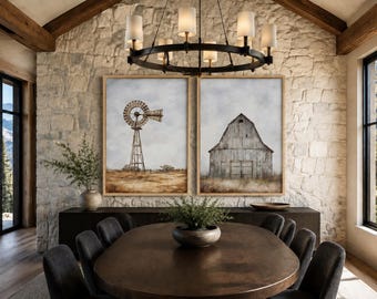 Set of 2 Farmhouse Wall Art, Old Barn And Windmill Rustic Painting Canvas Print  Framed Ready To Hang