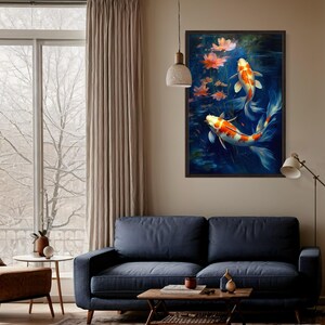 a serene living room with a blue sofa, a wooden coffee table, and a large window overlooking a snowy landscape. A framed painting of two koi fish swimming in a pond is hanging on the wall above the sofa.