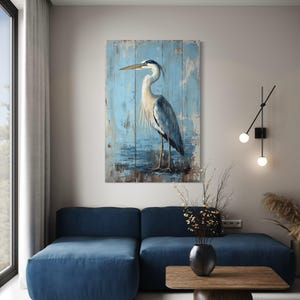 Blue Heron Painting On Wood Canvas PRINT, Rustic Coastal Waterbird Artwork, Lake House Wall Art, Rustic Cabin Decor, Framed Ready To Hang