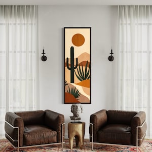 Tall Narrow Vertical Wall Art - Boho Minimalist Desert Cactus Landscape Painting Earth Tones Canvas Print Long Slim Artwork Ready To Hang