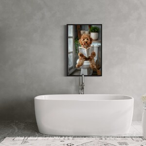 Cockapoo Dog On Toilet Reading Newspaper - Framed Canvas Wall Art Print - Funny Bathroom Decor