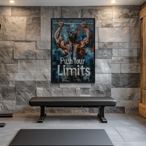 Fitness Motivation Wall Art Gym Wall Decor Muscular Man Pushing Limits Lifting Barbell Graffiti Painting Canvas Print Framed Ready To Hang