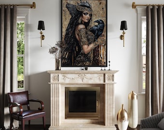 The Morrigan Wall Art. Warrior-Queen Celtic Goddess With Raven Mosaic Style Painting Canvas Print Framed Ready To Hang