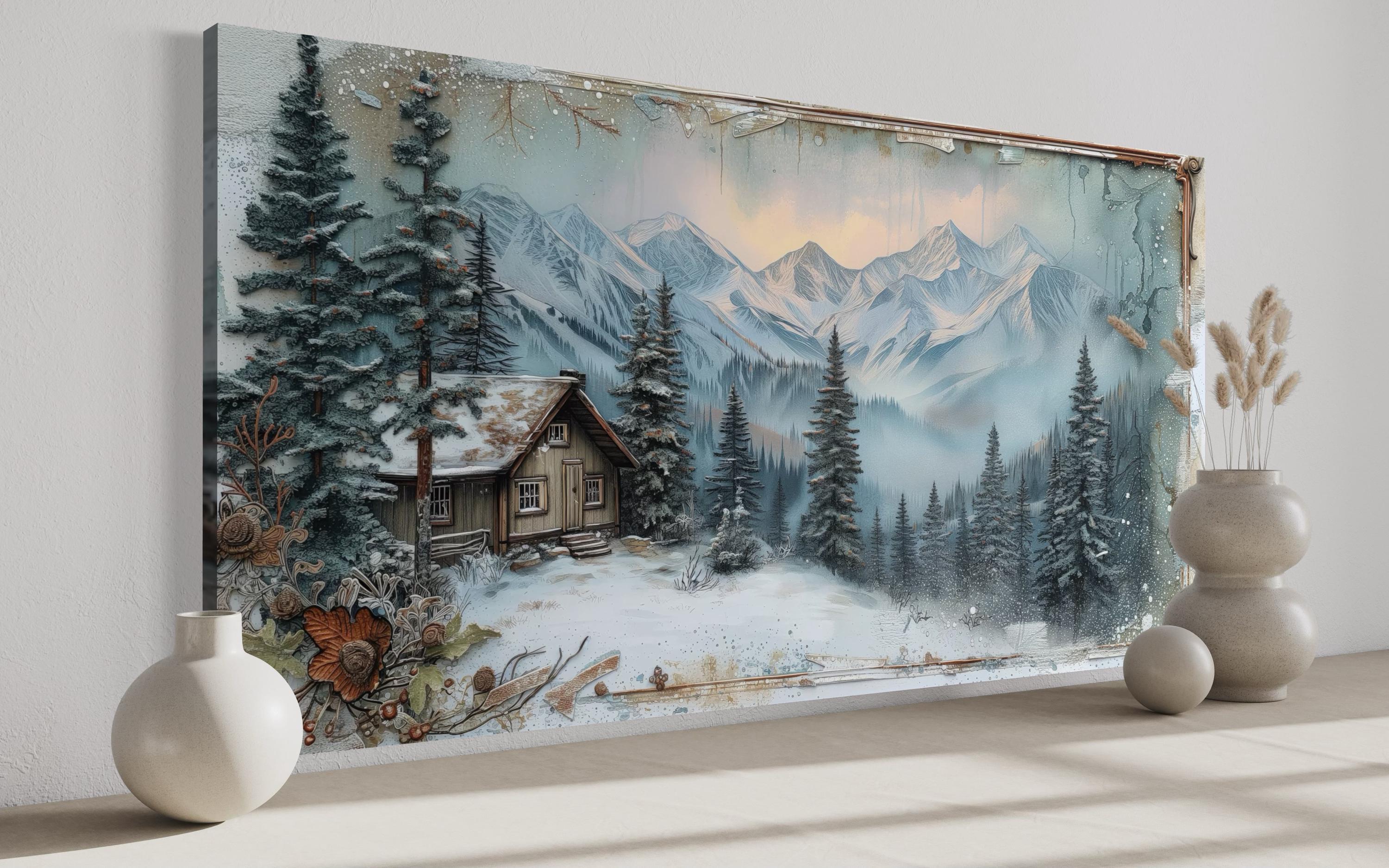 Mountain Cabin in Snowy Mountains Wall Art - Rustic Cabin Painting ...