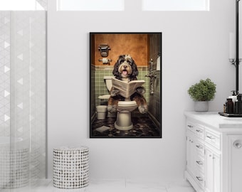 Bernedoodle Dog On The Toilet Reading Newspaper, Funny Bathroom Art, Toilet Humor Animal Canvas Print Framed Ready To Hang