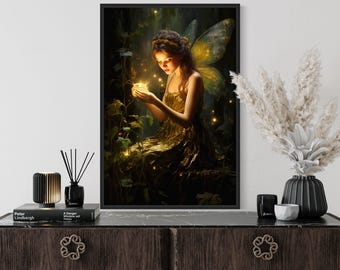 Fairy Painting - Beautiful Forest Fairy With Firefly - Girls Room Fantasy Vertical Wall Art Canvas Print Framed Unframed Ready To Hang