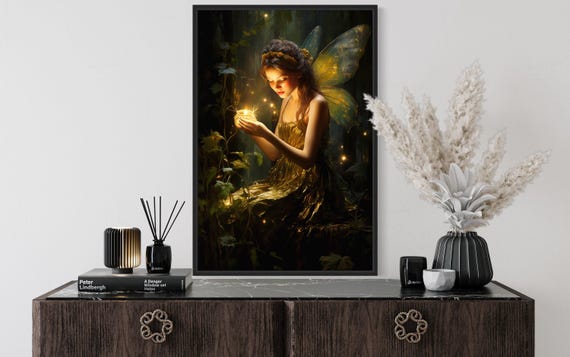 Fairy Painting - Beautiful Forest Fairy With Firefly - Girls Room Fantasy Vertical Wall Art Canvas Print Framed Unframed Ready To Hang
