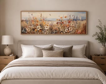Retro Wildflowers Field Painting - Rustic Floral Wall Art, Farmhouse Retro Wall Decor, Minimalist Botanical Wall Art, Boho Over Bed Art