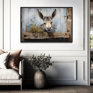 Cute Farm Donkey Rustic Painting on Wood Effect Canvas PRINT, Farmhouse Wall Art, Farm Animals Art PRINTs, Framed Ready to Hang
