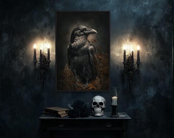 Gothic Raven Wall Art, Dark Academia Crow Print, Mysterious Bird Painting for Gothic Room Decor, Moody Blackbird Canvas
