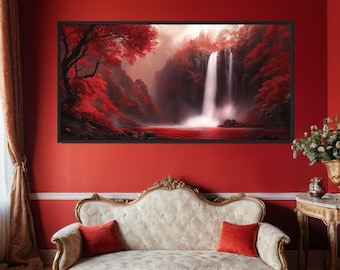 Red Waterfall Wall Art, Dramatic Nature Scene with Red Trees and Cascading Waterfall, Statement Decor for Living Room, Framed Ready to Hang