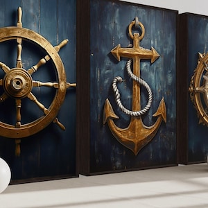 Nautical Wall Art Set of Three Maritime Prints - Navy Blue Gold Coastal ...