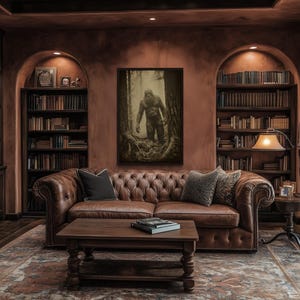 a cozy and inviting living room with a large leather sofa, a wooden coffee table, and a bookshelf filled with books. A framed artwork of a person is displayed on the wall, and the room has a warm, rustic ambiance.