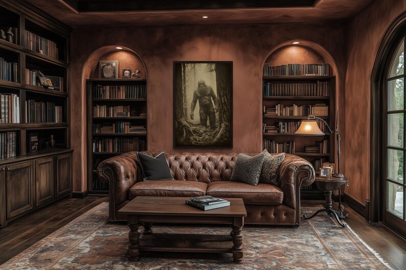 a cozy and inviting living room with a large leather sofa, a wooden coffee table, and a bookshelf filled with books. A framed artwork of a person is displayed on the wall, and the room has a warm, rustic ambiance.