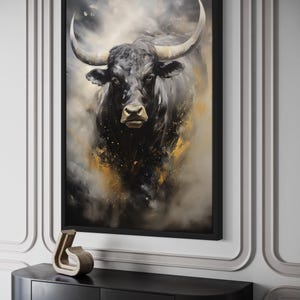 a large black bull with prominent horns, which is the central focus of the artwork displayed on the wall.