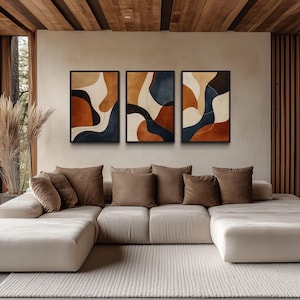 3 Piece Wall Art Mid Century Modern Abstract Earth Tones Painting Canvas PRINT, Boho Brown Beige Navy Wall Art Decor Ready To Hang