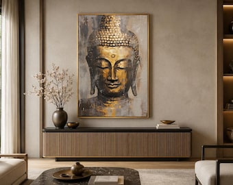 Golden Buddha Portrait Abstract Painting Extra Large Canvas PRINT, Indian Wall Art, Zen Large Wall Decor Framed Or Unframed Ready To Hang