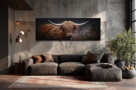 Highland Cow Oil Painting Printed On Long Panoramic Horizontal Canvas - Farmhouse Wall Art - With or Without Frame Ready To Hang